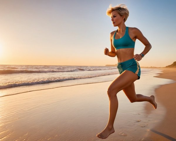 Woman Running on Sandy Beach at Sunset