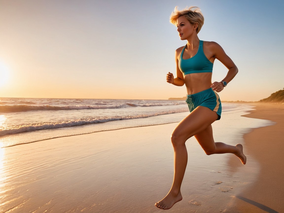 Woman Running on Sandy Beach at Sunset