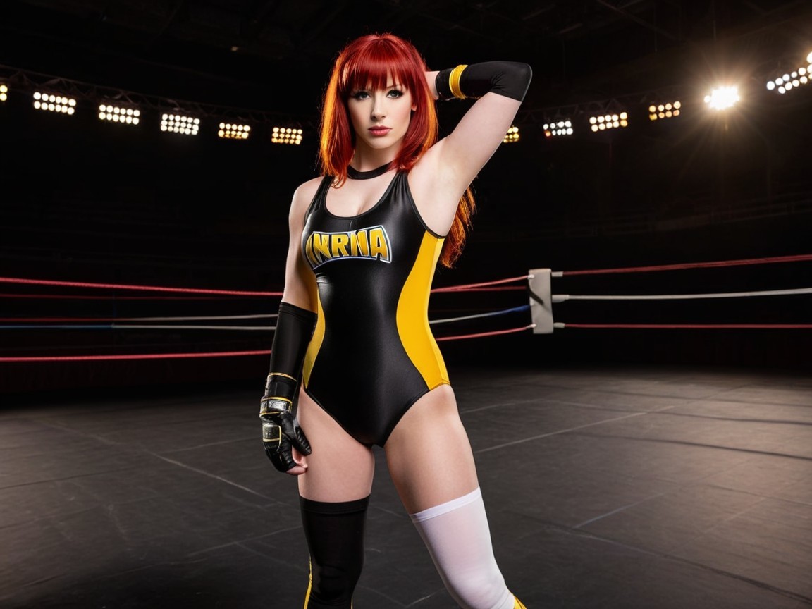 Confident Female Wrestler in Black and Yellow Outfit