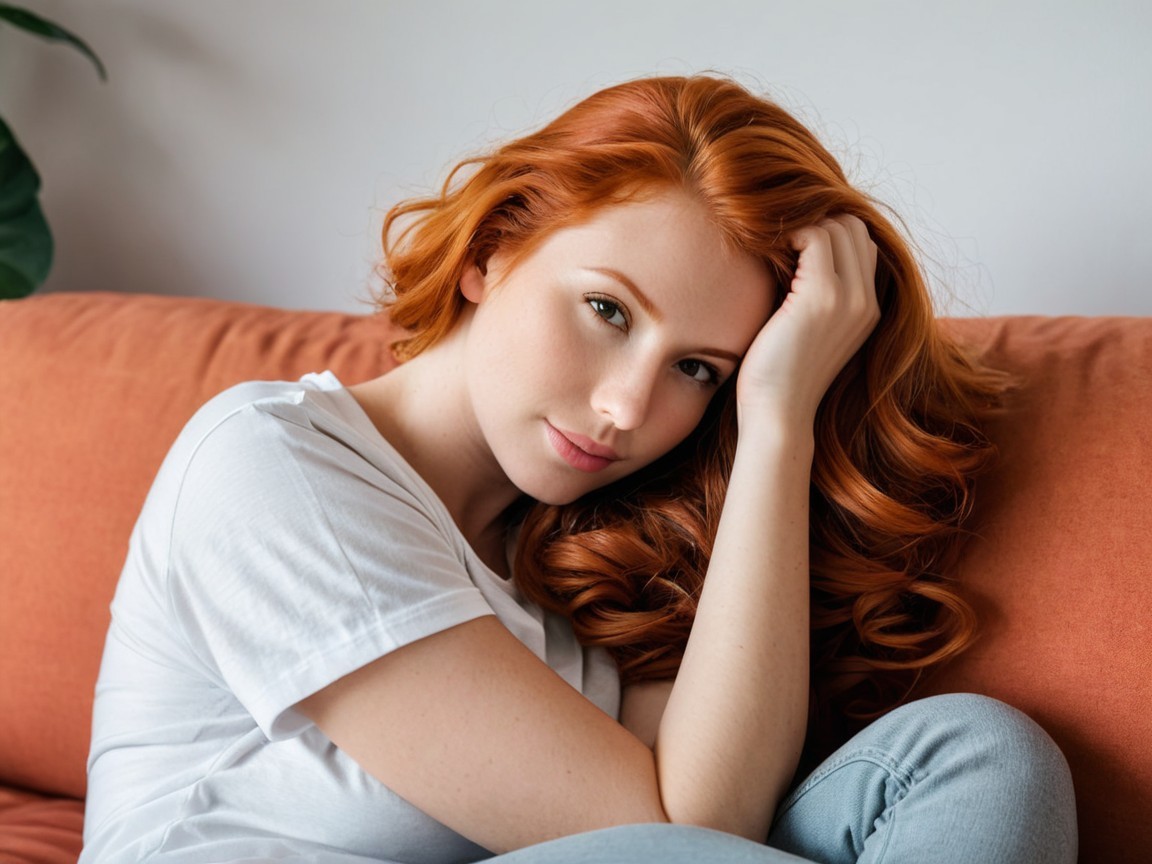 Young woman with red curls on orange couch
