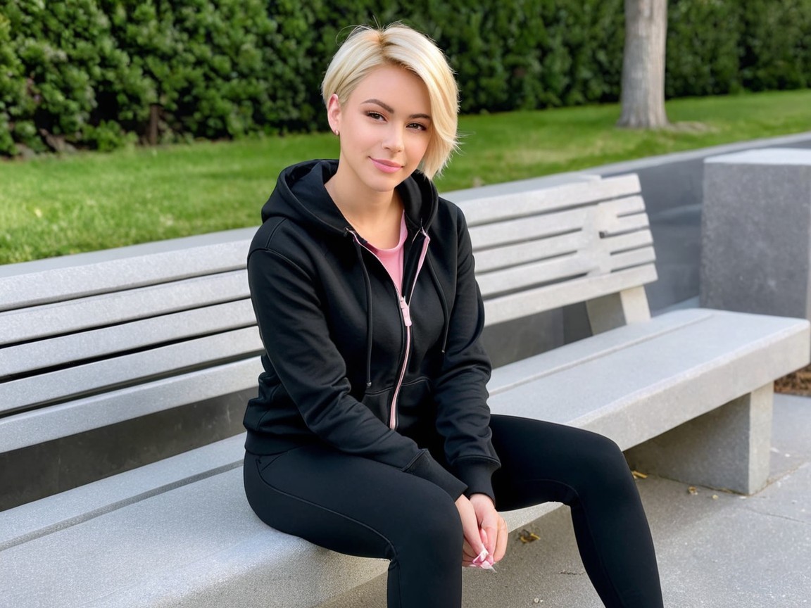 Young woman in casual attire on park bench