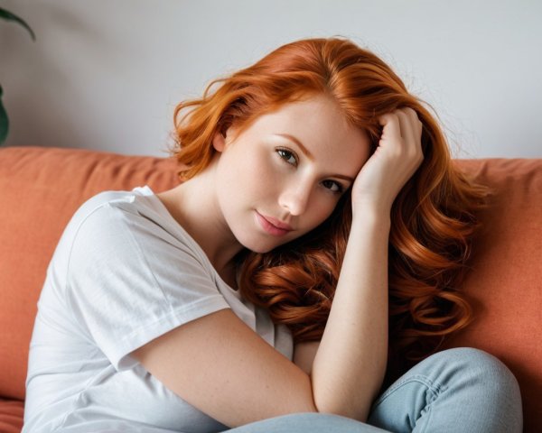 Young woman with red curls on orange couch