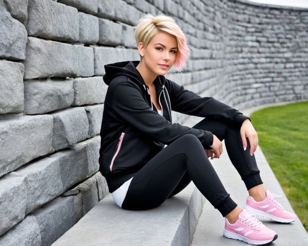 Young woman in stylish hoodie and leggings by stone wall