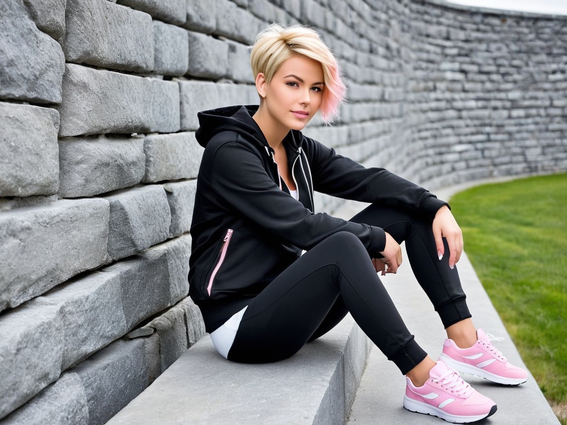 Young woman in stylish hoodie and leggings by stone wall