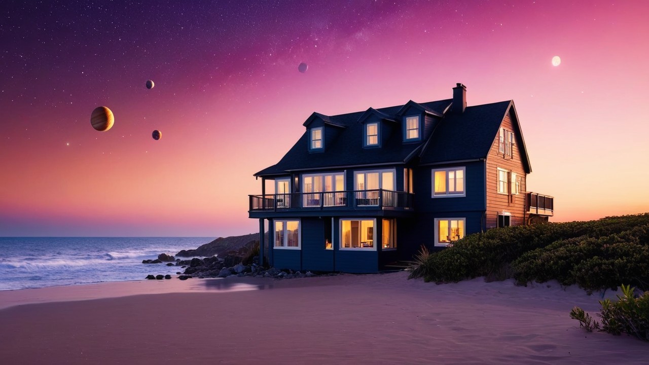 Serene beach house with starry sky and gentle waves