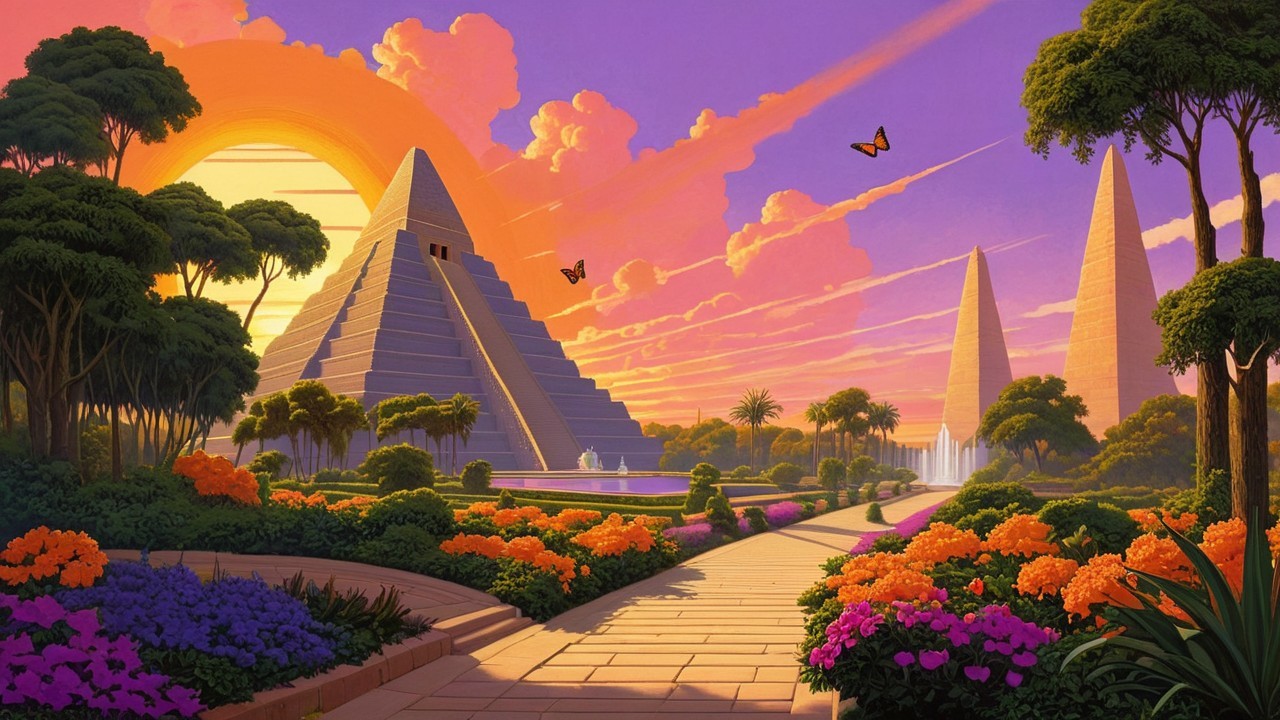 Vibrant Landscape with Pyramids and Sunset Colors