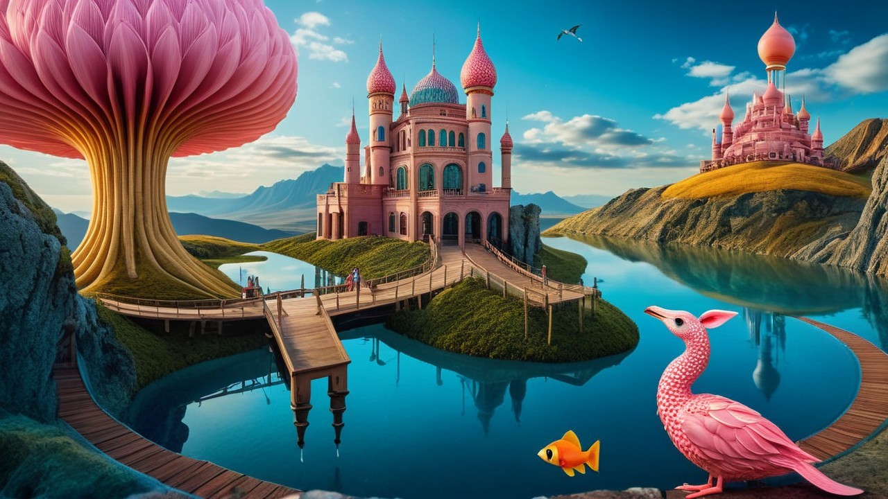 Whimsical Landscape with Pink Castles and Trees