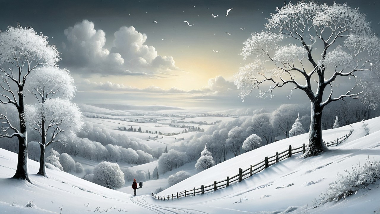 Serene Winter Landscape with Snow-Covered Hills and Trees