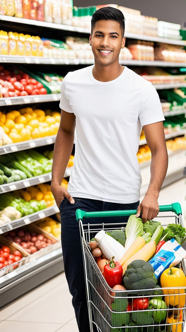 Young man with shopping cart of fresh produce in store