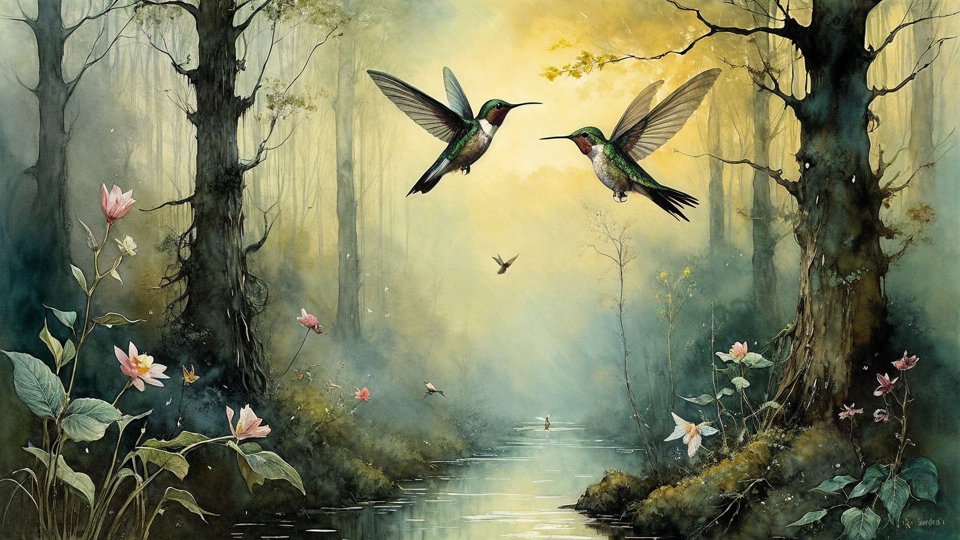 Serene Forest Scene with Hummingbirds and Stream
