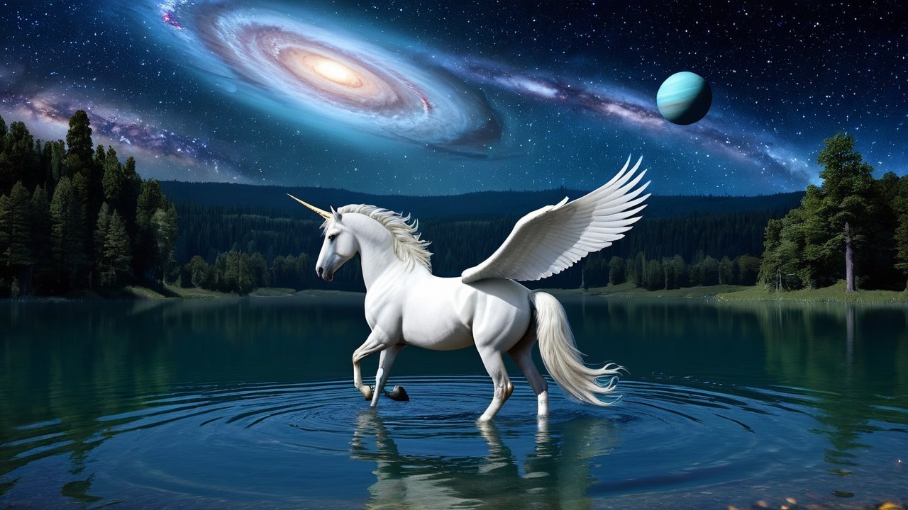 White unicorn with wings in a serene lake scene