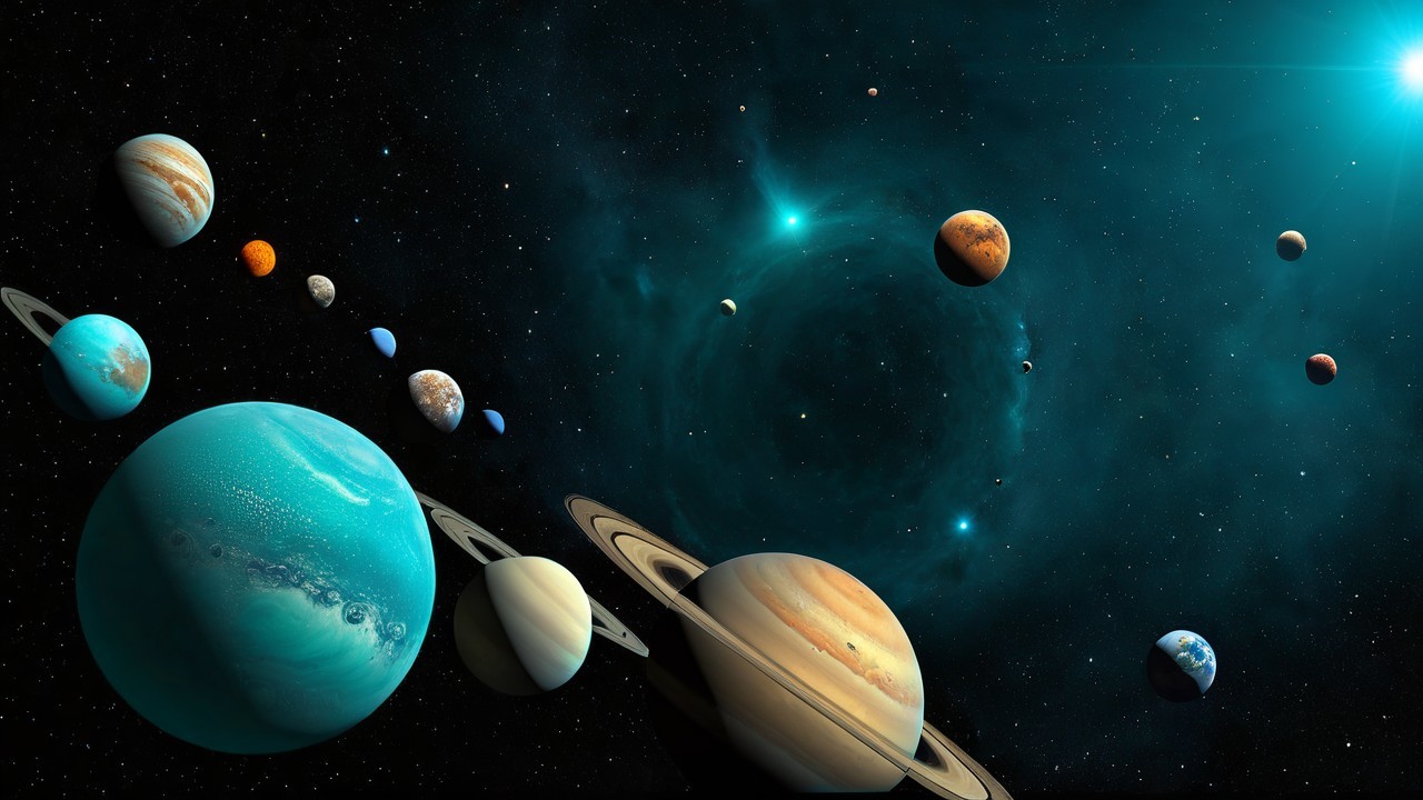 Cosmic Scene with Planets and Swirling Galaxies