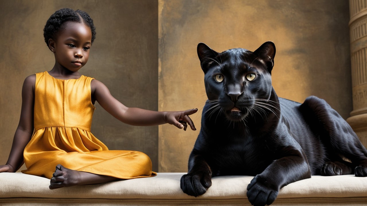 Young girl in yellow dress with calm black panther