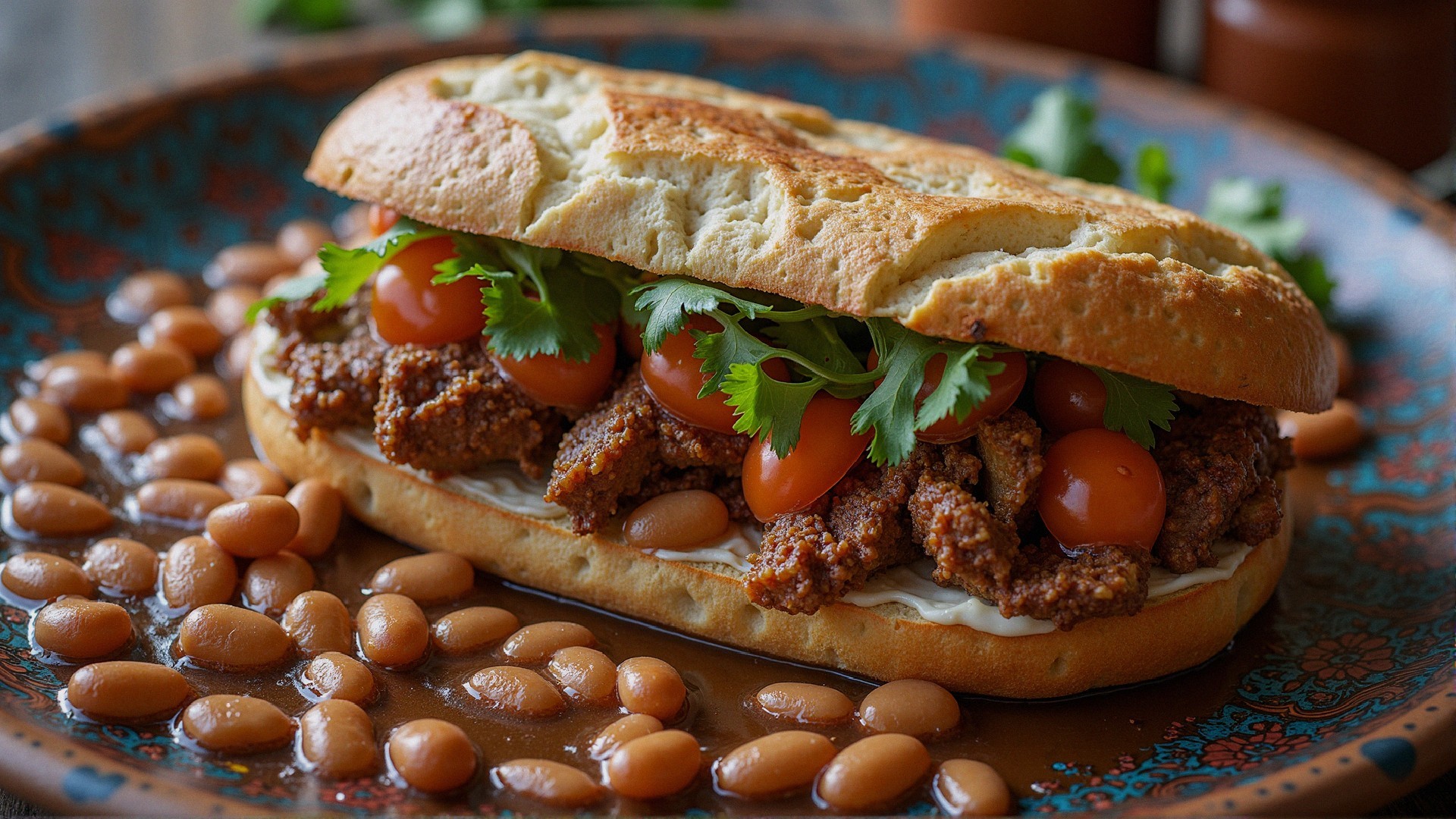 Hearty Sandwich with Seasoned Meat and Fresh Vegetables