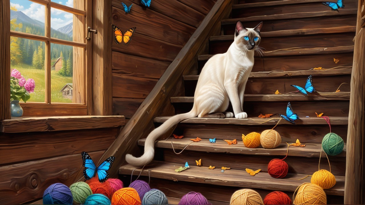 Cozy Wooden Room with Cat and Scenic Landscape