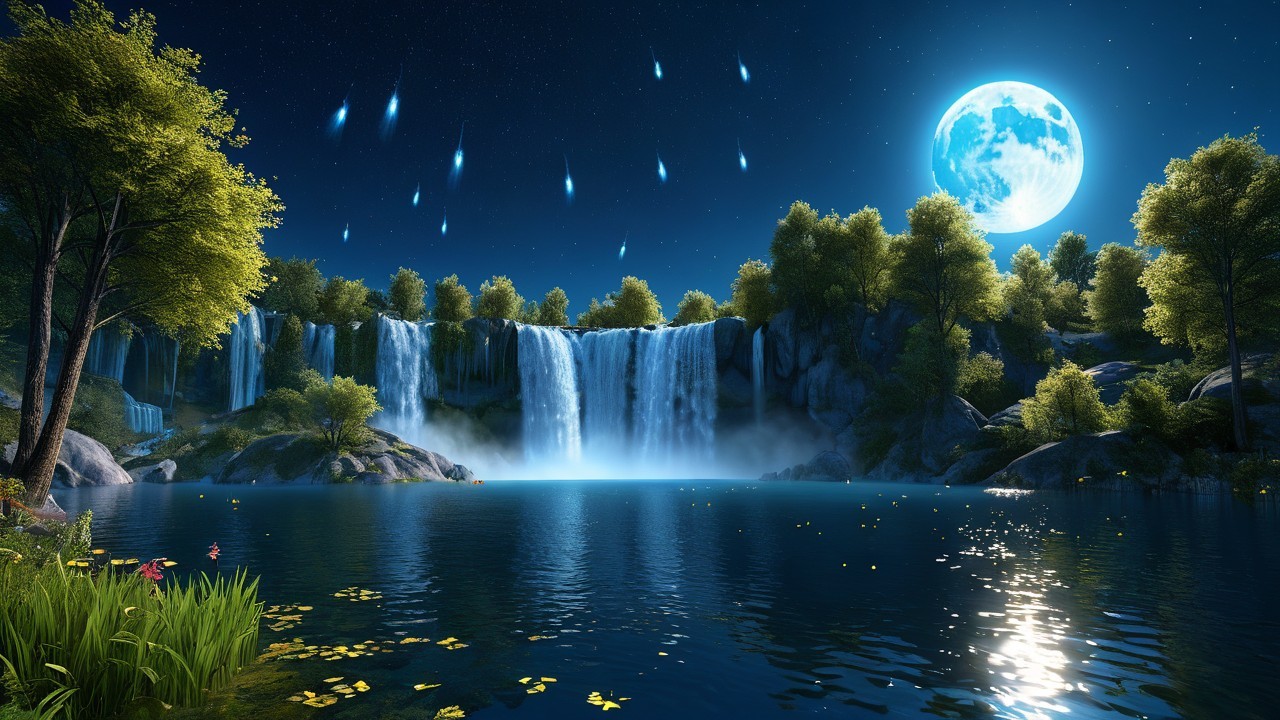 Serene Night Scene with Waterfall and Tranquil Lake