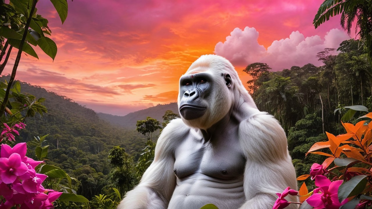 Gorilla in Tropical Foliage at Sunset with Mountains