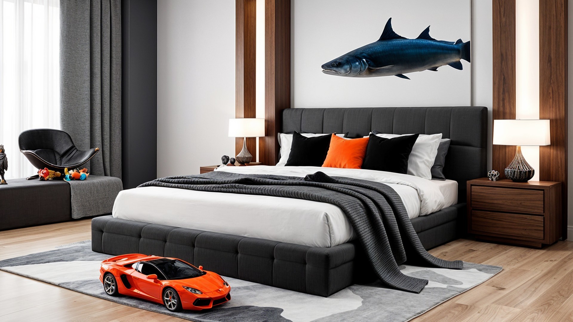 Modern Bedroom with Upholstered Bed and Shark Mural
