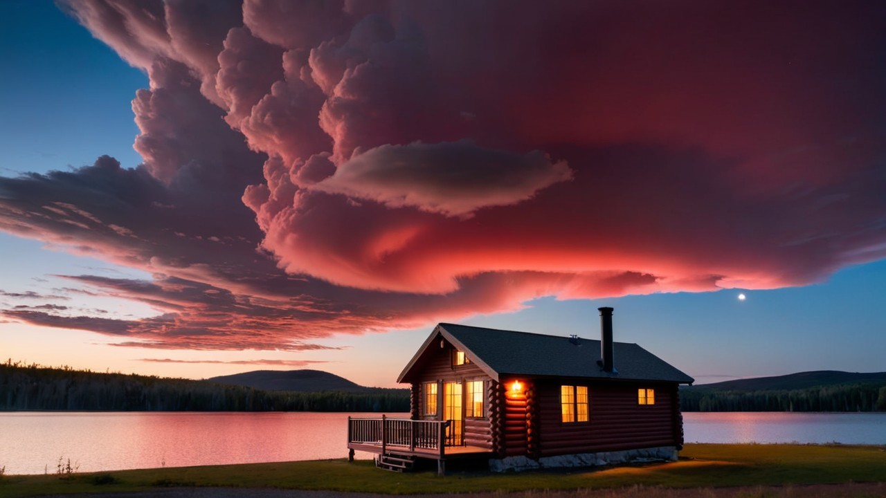 Cozy log cabin by tranquil lake at sunset