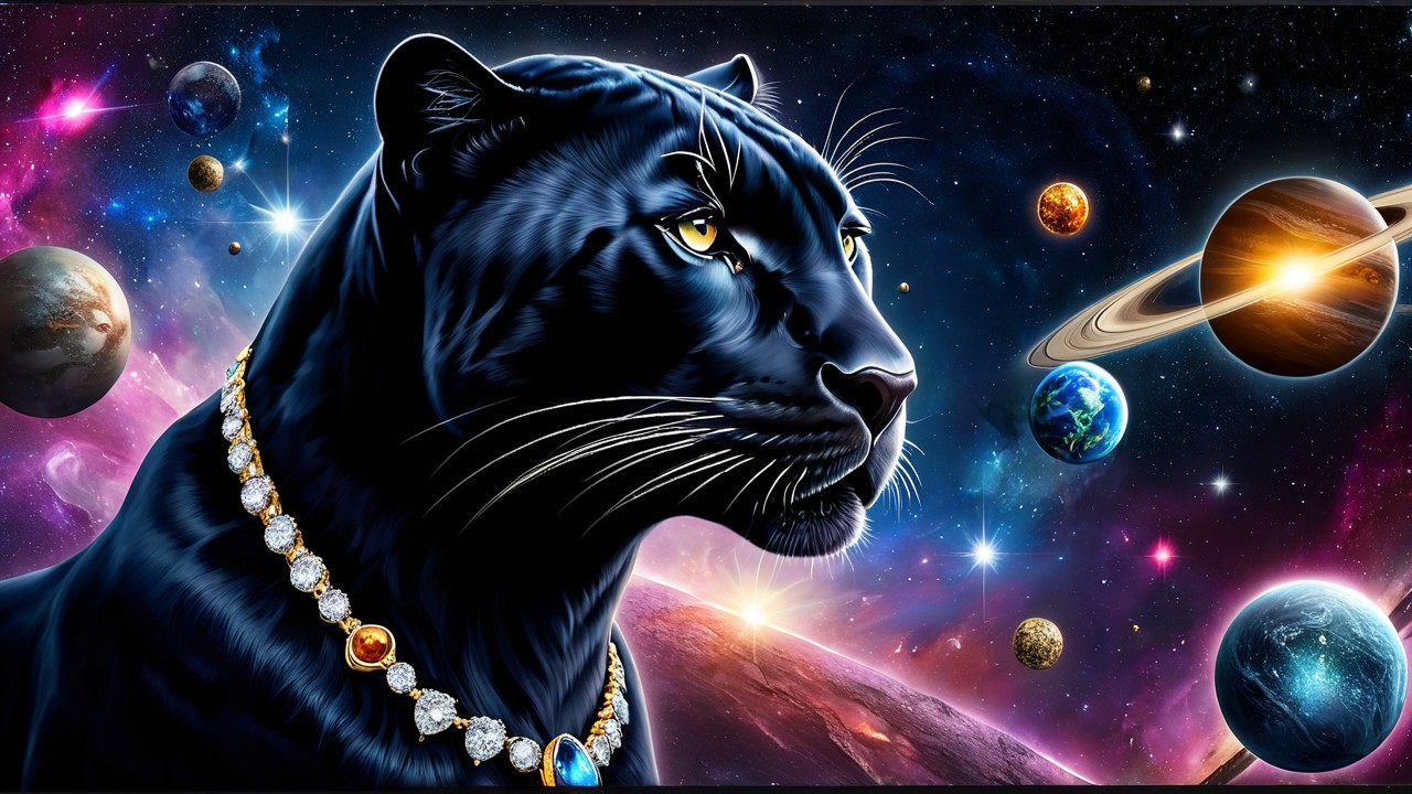 Black Panther in Cosmic Galaxy with Vibrant Nebulae