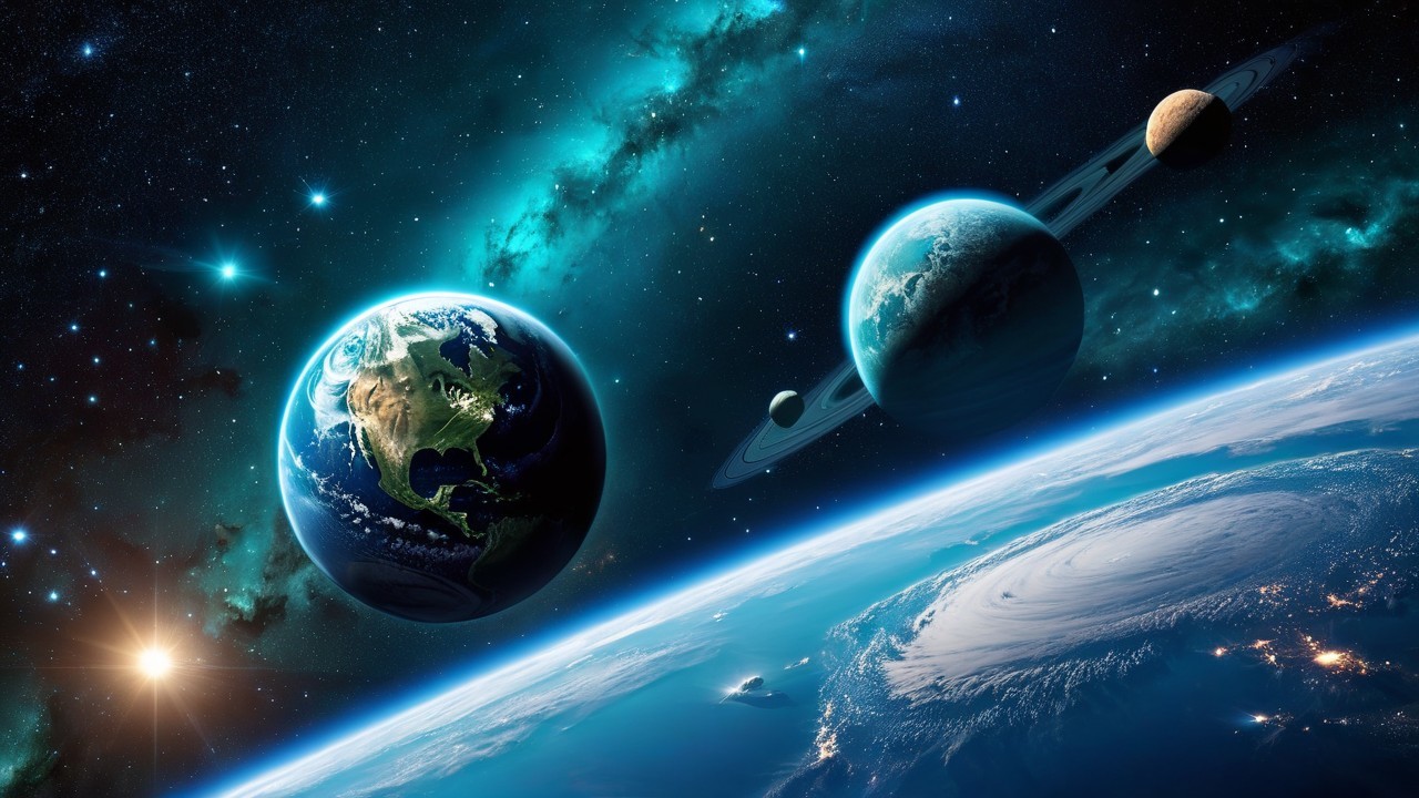 Cosmic Scene with Earth and Planets in Galaxy