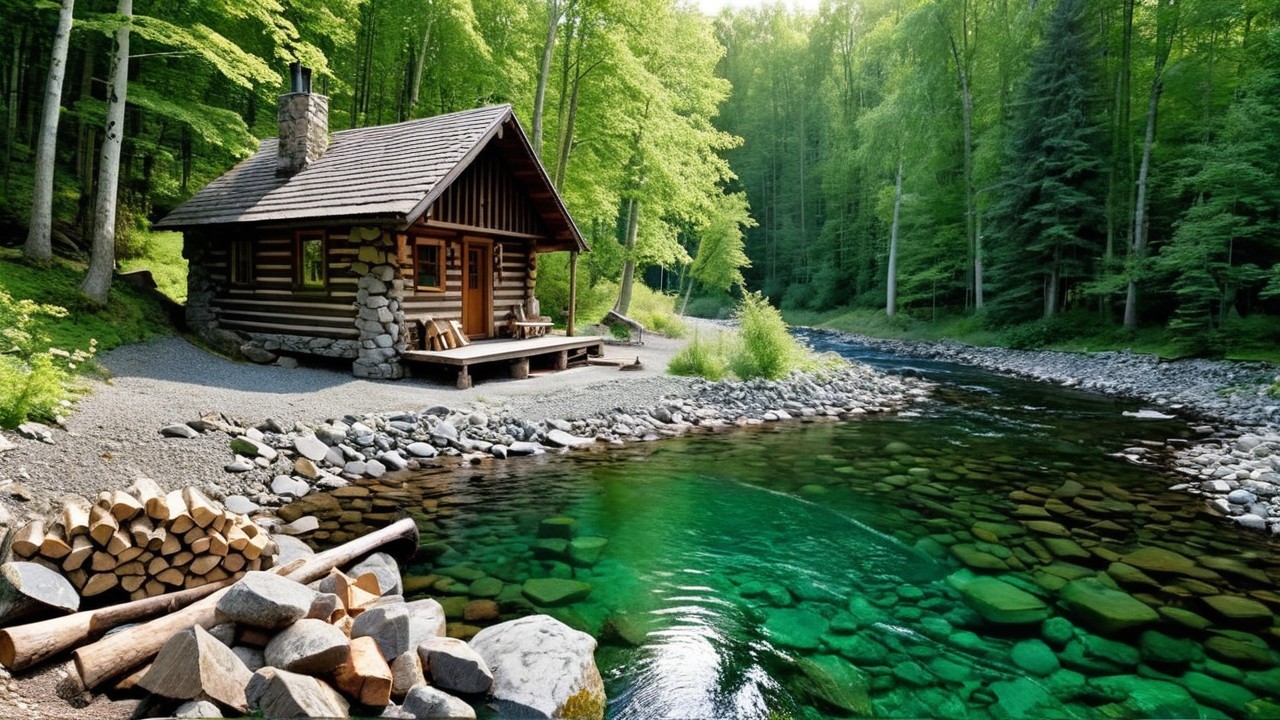 Cozy log cabin by a clear river in lush greenery