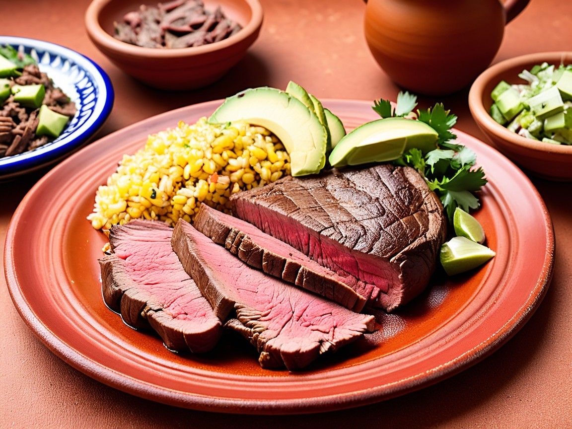 Vibrant Plate of Beef, Yellow Rice, and Fresh Toppings