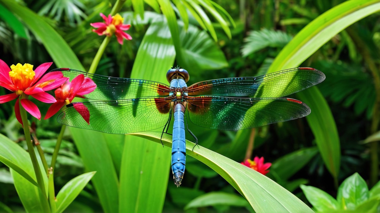 Vibrant Blue Dragonfly on Green Leaf with Flowers