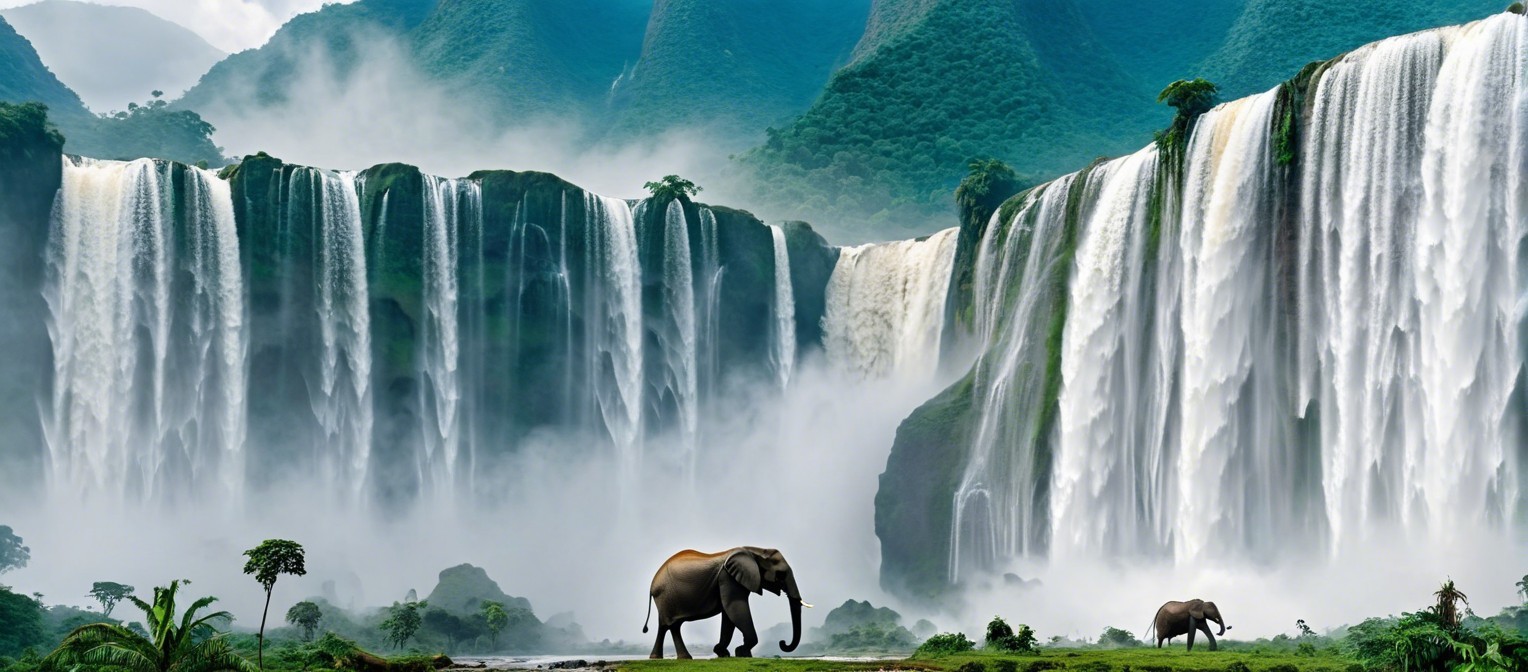 Majestic Waterfalls and Elephants in Lush Landscape