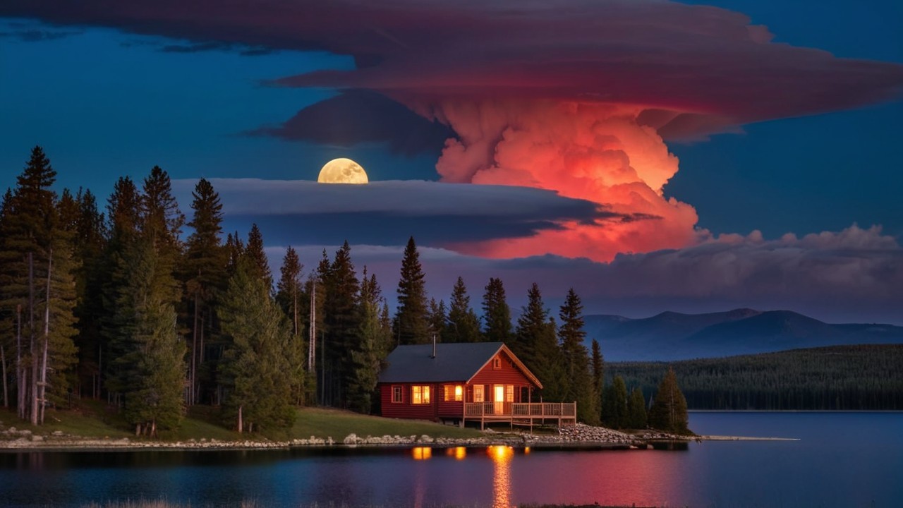 Twilight Lakeside Scene with Cozy Cabin and Moonlight