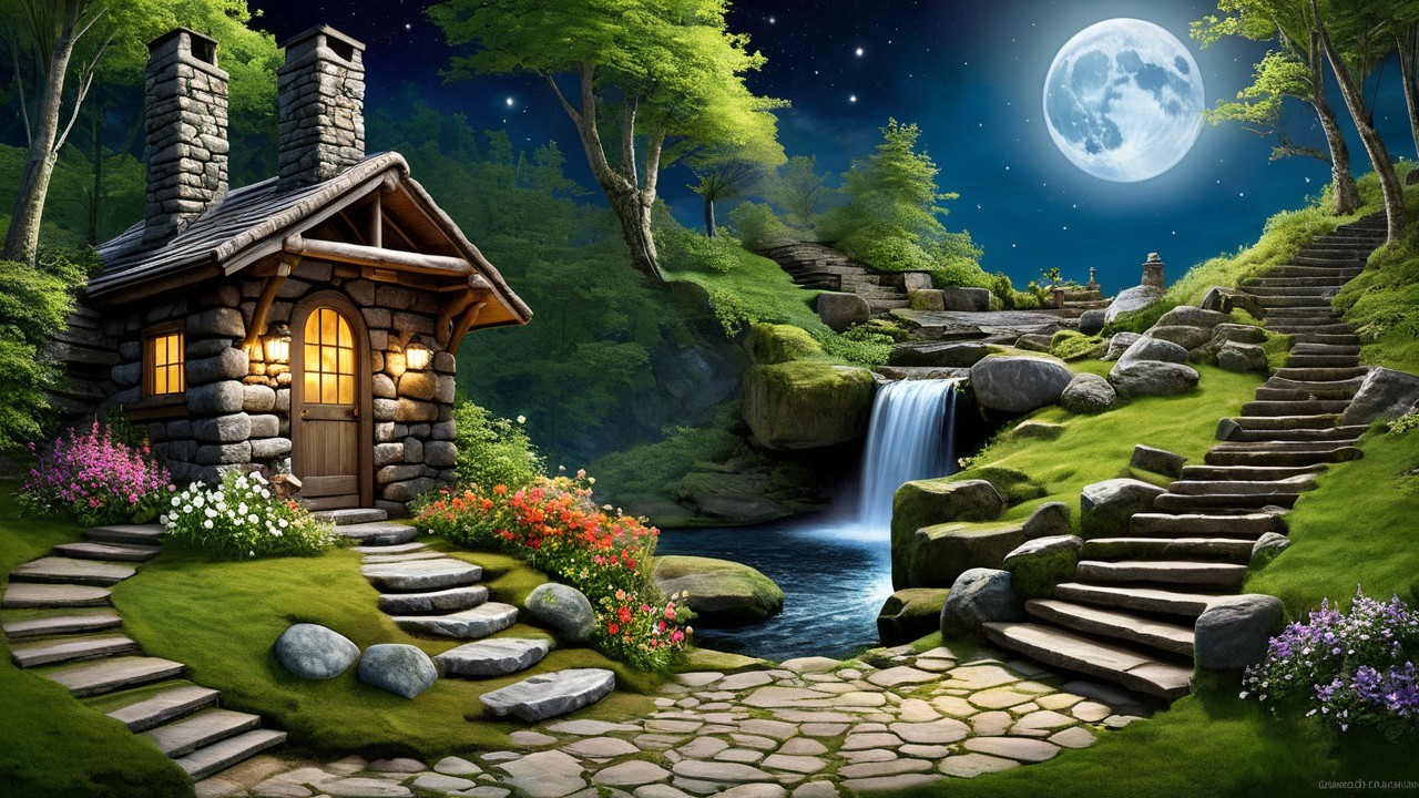 Serene Night Scene with Stone Cottage and Waterfall