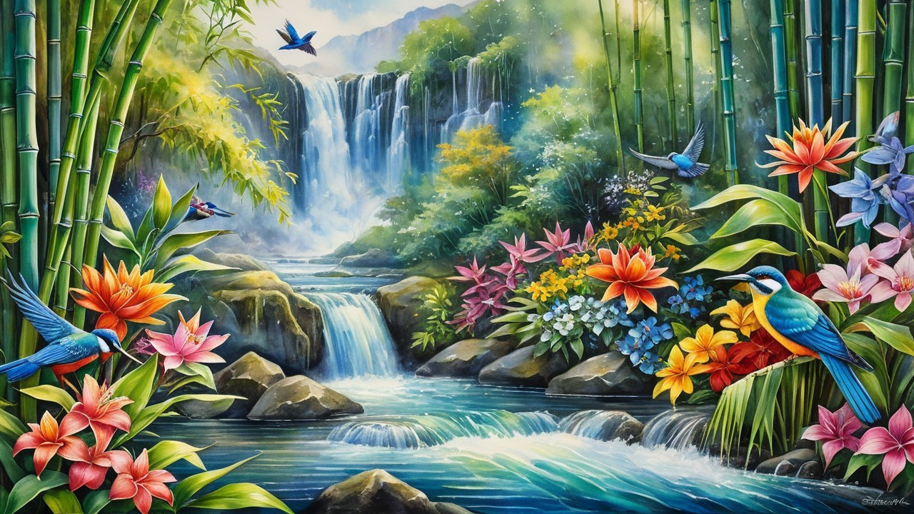 Cascading Waterfall in a Tropical Flower Landscape
