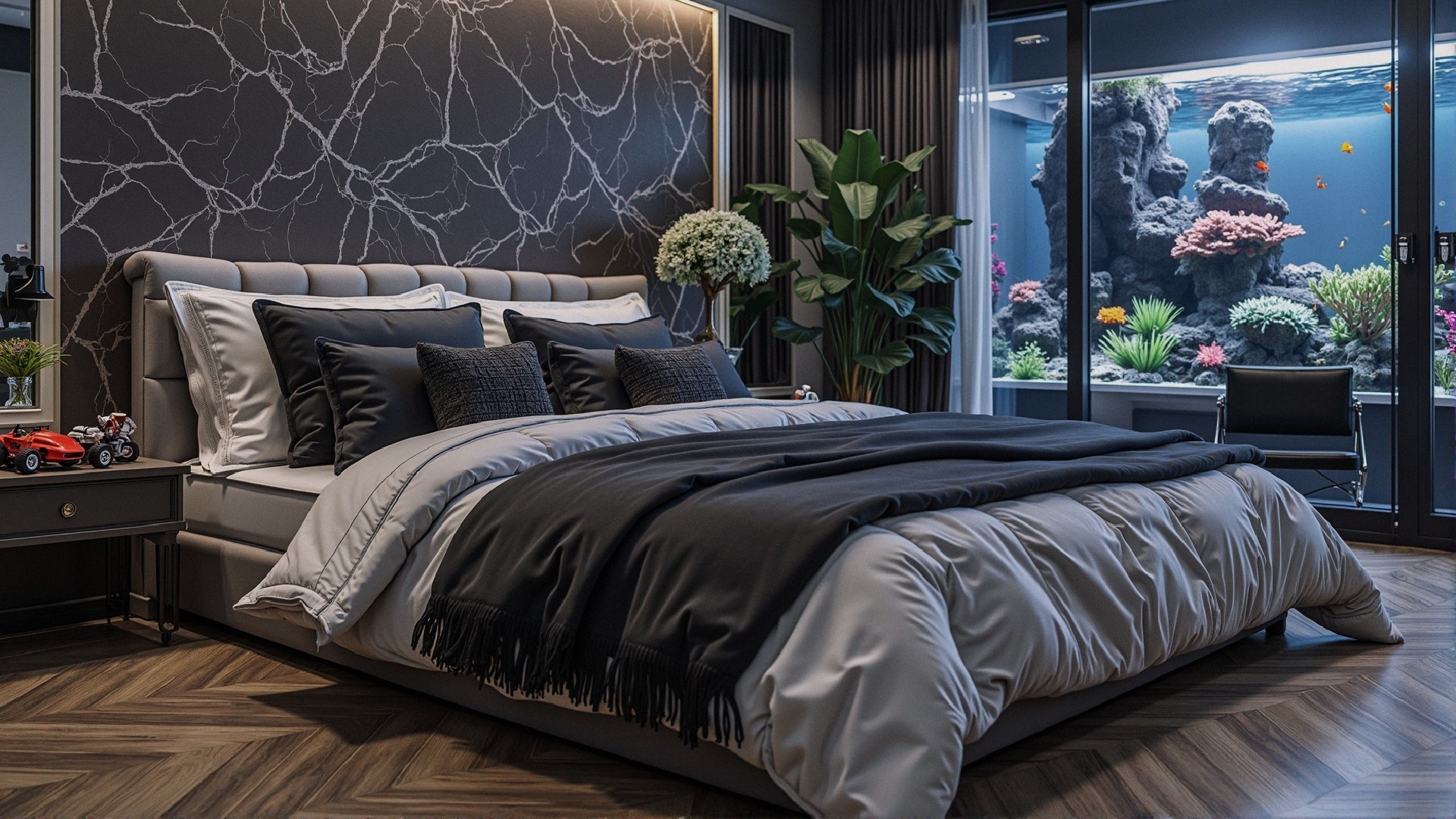 Modern Bedroom with Plush Bed and Aquarium Decor