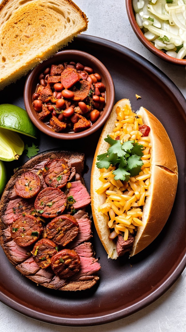 Grilled Steak with Mac and Cheese and Side Dishes