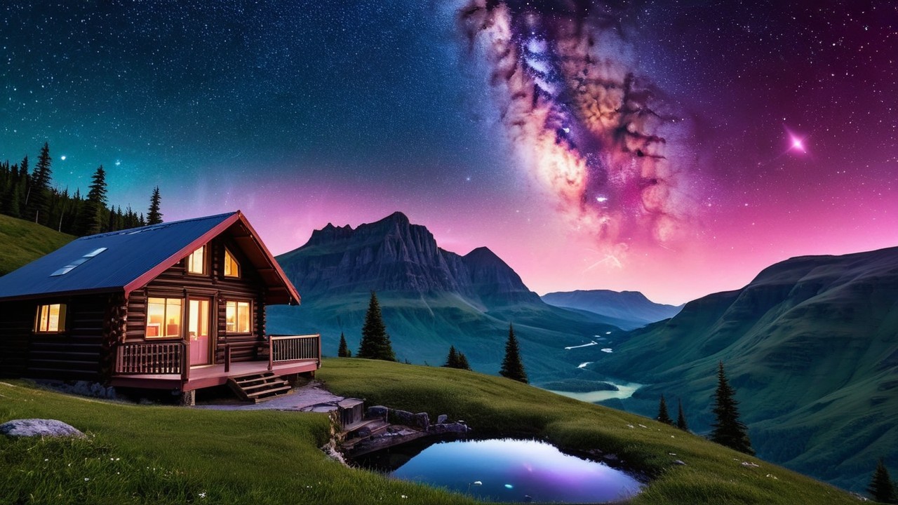 Cozy Cabin in a Lush Valley Under a Starry Sky