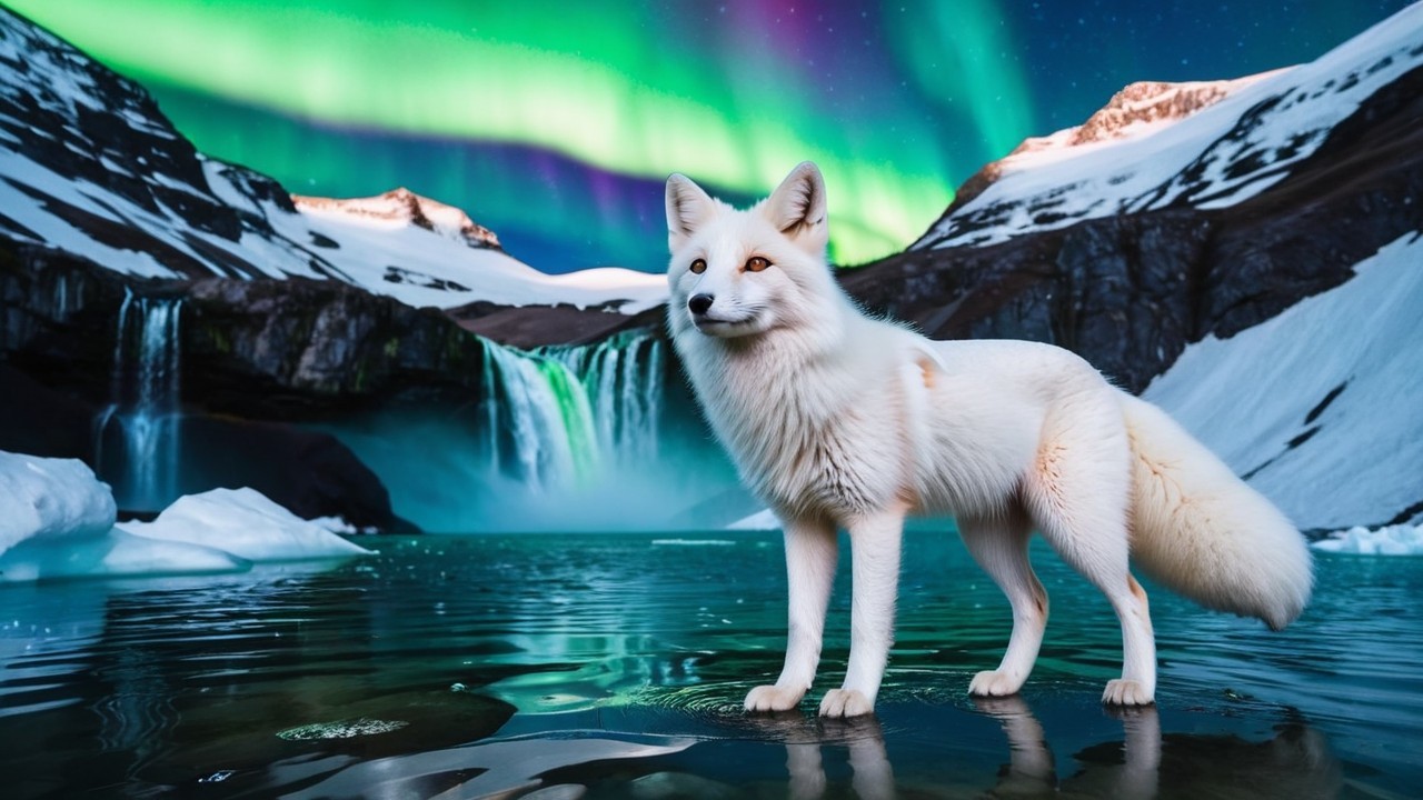Arctic fox by tranquil lake under northern lights