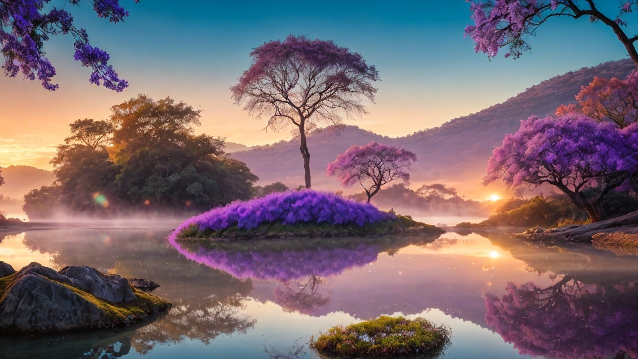 Serene Dawn Landscape with Reflective Lake and Mist