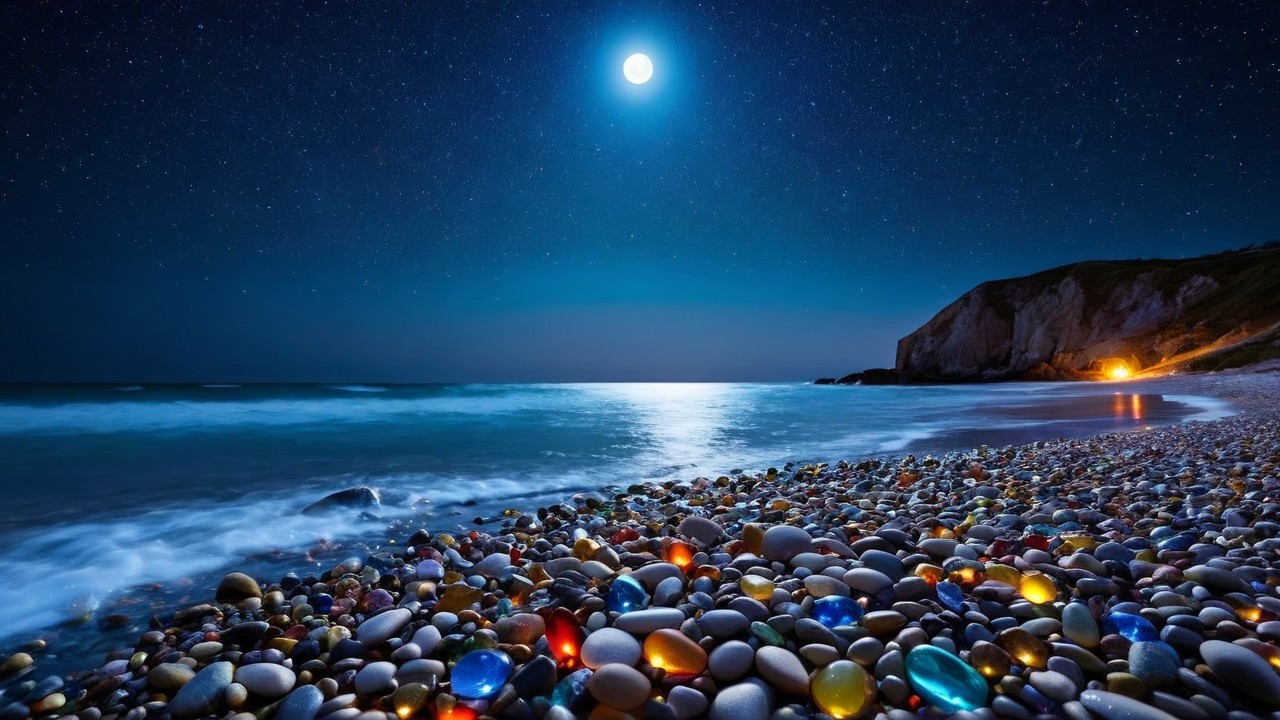 Nighttime Beach Scene with Moon and Stars