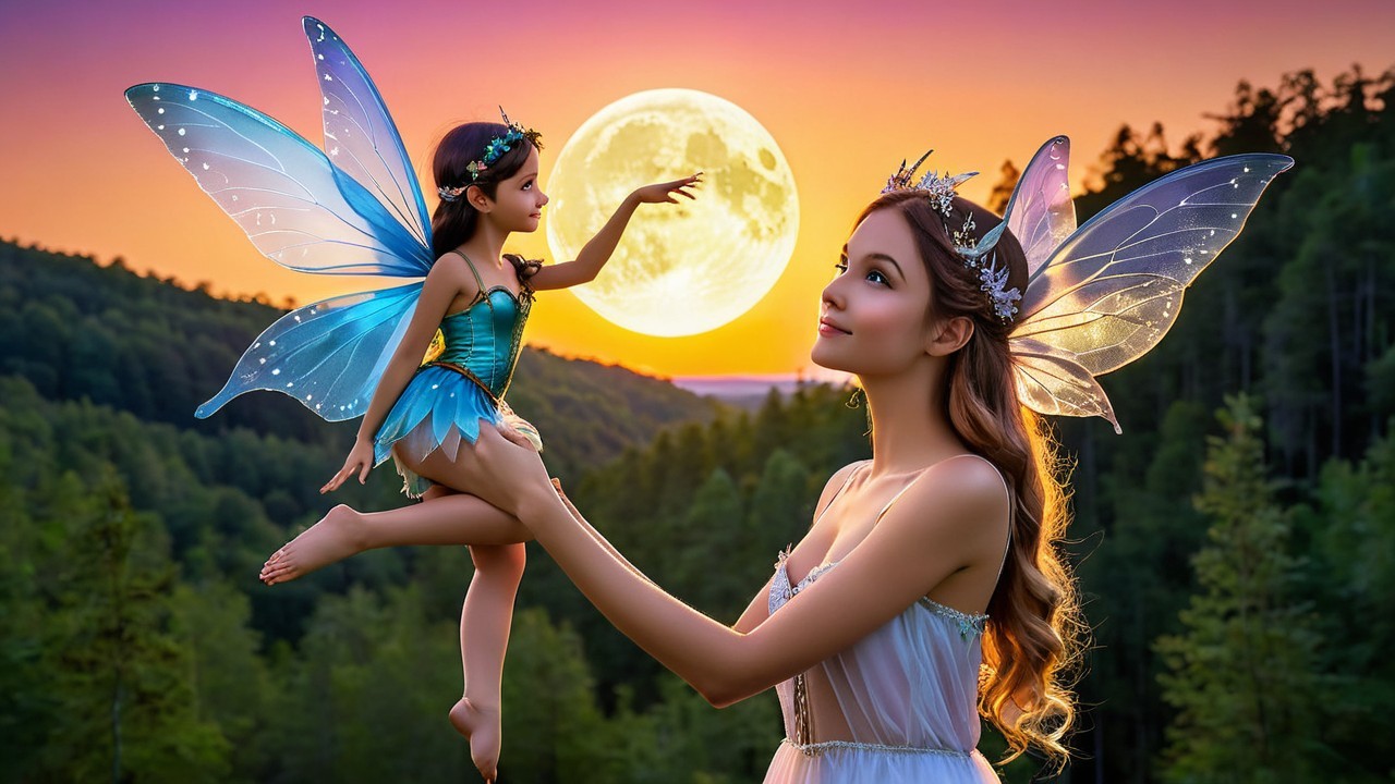 Magical forest scene with glowing woman and fairy
