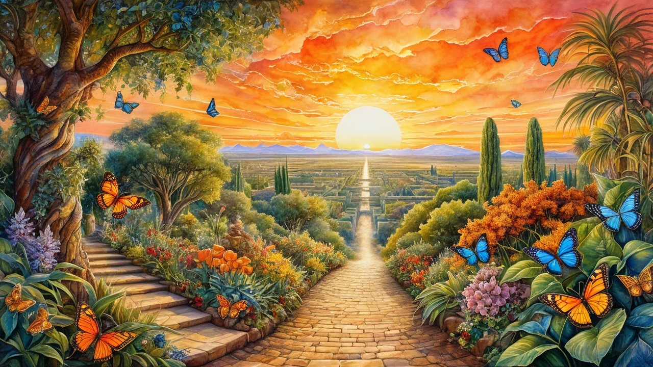 Vibrant Landscape with Winding Path and Sunset Views