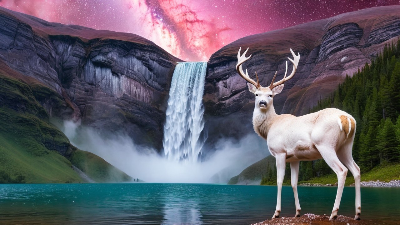 Majestic white stag by serene lake and waterfall
