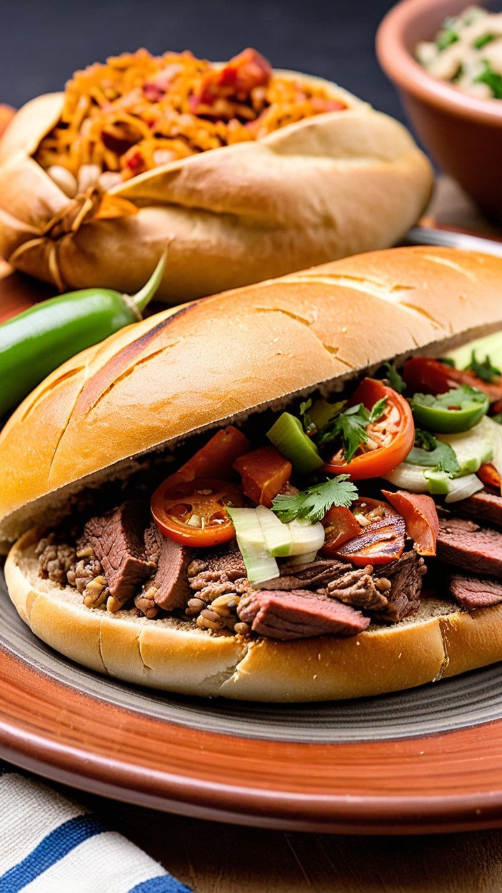 Hearty sandwich with beef, tomatoes, and jalapeños