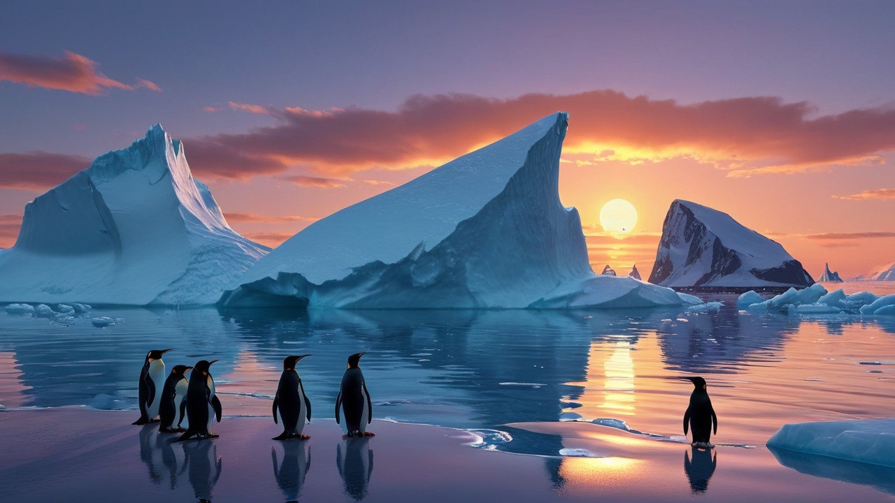 Serene Arctic Scene with Penguins and Icebergs