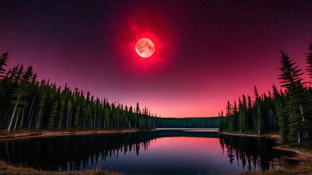 Tranquil Lake Under Red Moon and Starry Sky