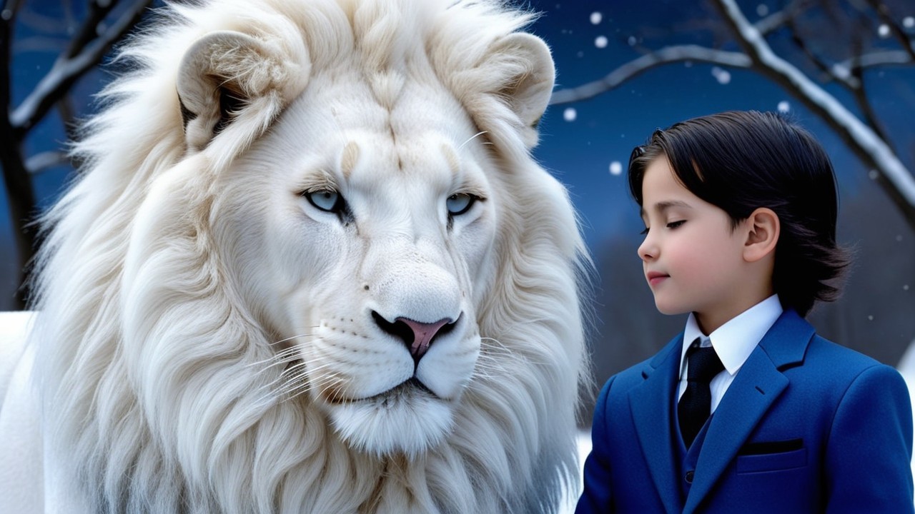 Young Boy in Blue Suit with White Lion in Winter Scene