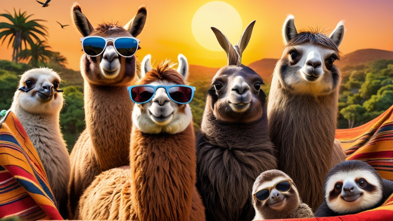 Vibrant Sunset with Llamas and Sloths in Sunglasses