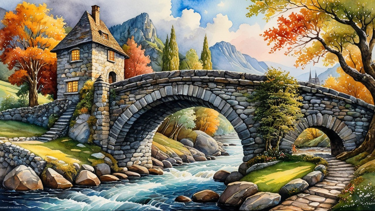 Charming Stone Bridge Over Flowing River in Autumn