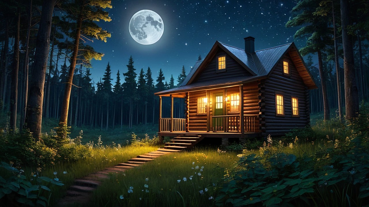 Cozy log cabin in a serene forest at night