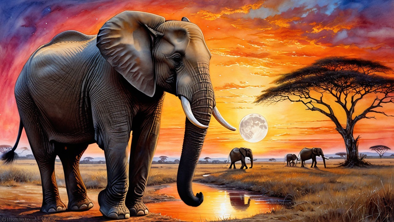 Elephant at Waterhole Under Vibrant Sunset Sky