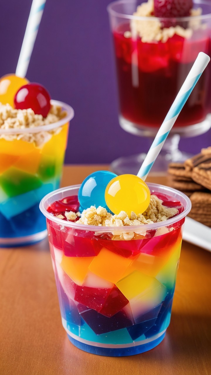 Vibrant Layered Jelly Cups with Whipped Cream and Candies